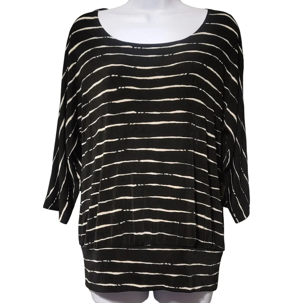 Chicos Travelers Womens 0 Small Black White Striped Dolman 3/4 Sleeve Blouse Top